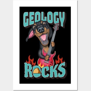 Cute Geology Rocks with dachshund doxie dog playing guitar Posters and Art